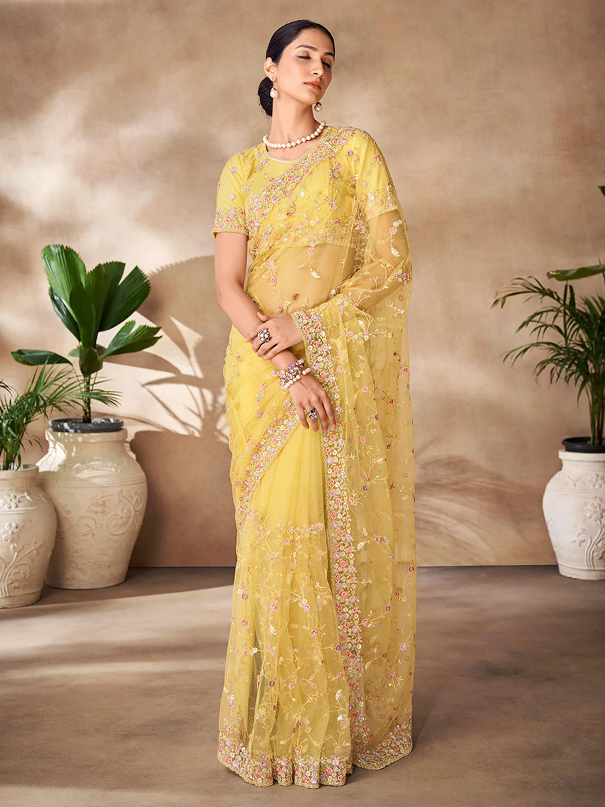 Odette Yellow Net Embroidered Saree With Unstitched Blouse For Women - Image 2