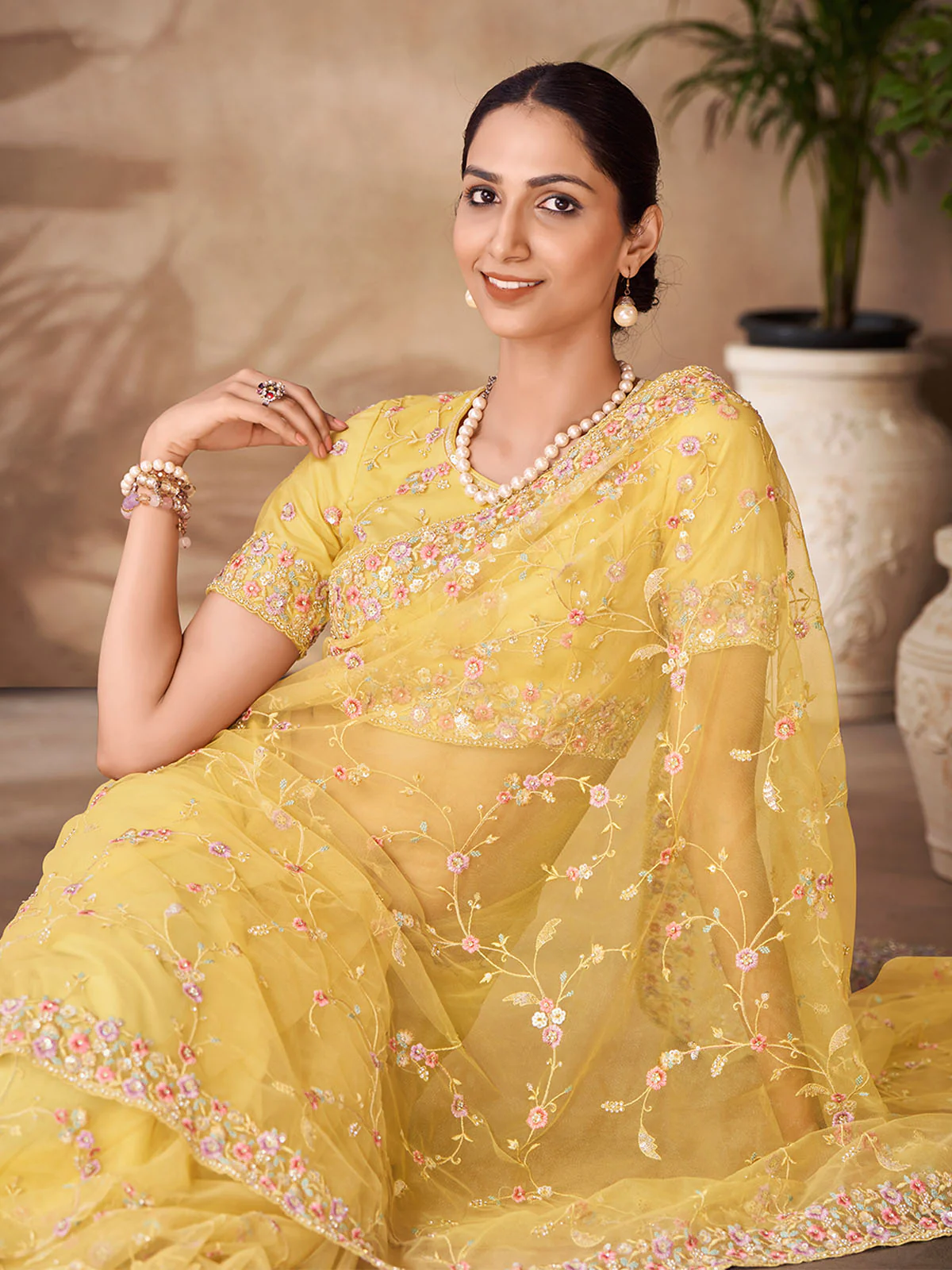 Odette Yellow Net Embroidered Saree With Unstitched Blouse For Women - Image 3
