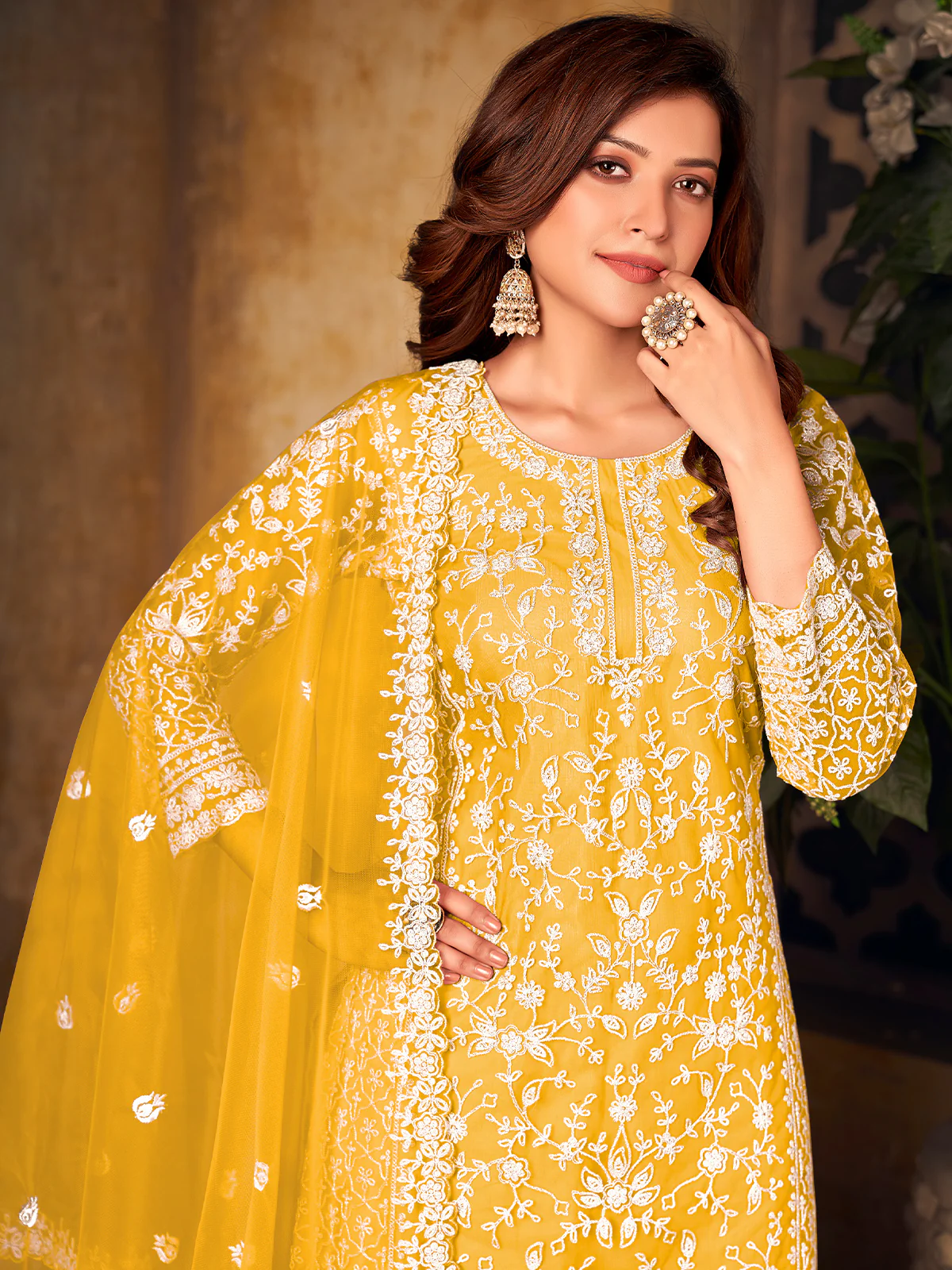 Odette Yellow Net Embroidered Semi stitched Kurta Set with Inner For Women - Image 3