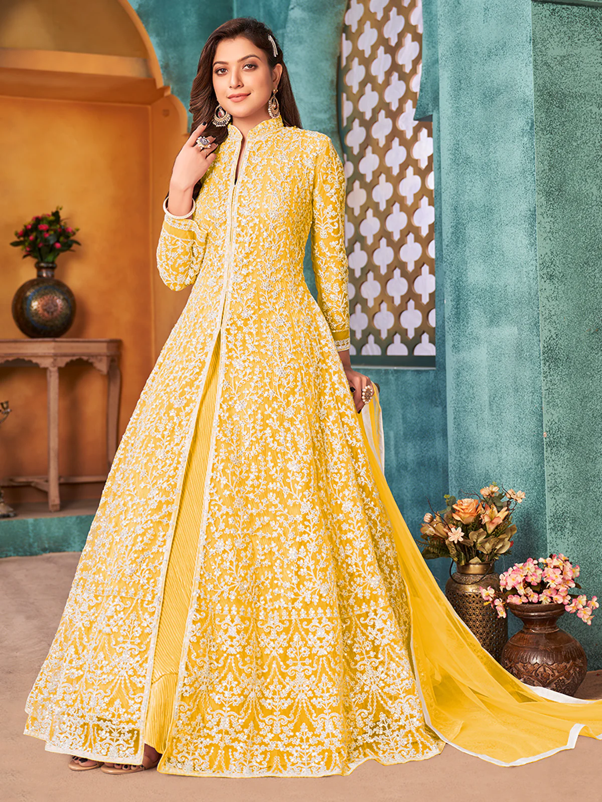 Odette Yellow Net  Embroidered Semi stitched Kurta Set with Inner For Women - Image 2