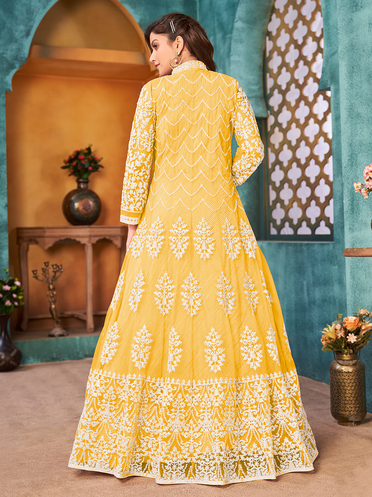 Odette Yellow Net  Embroidered Semi stitched Kurta Set with Inner For Women - Image 3