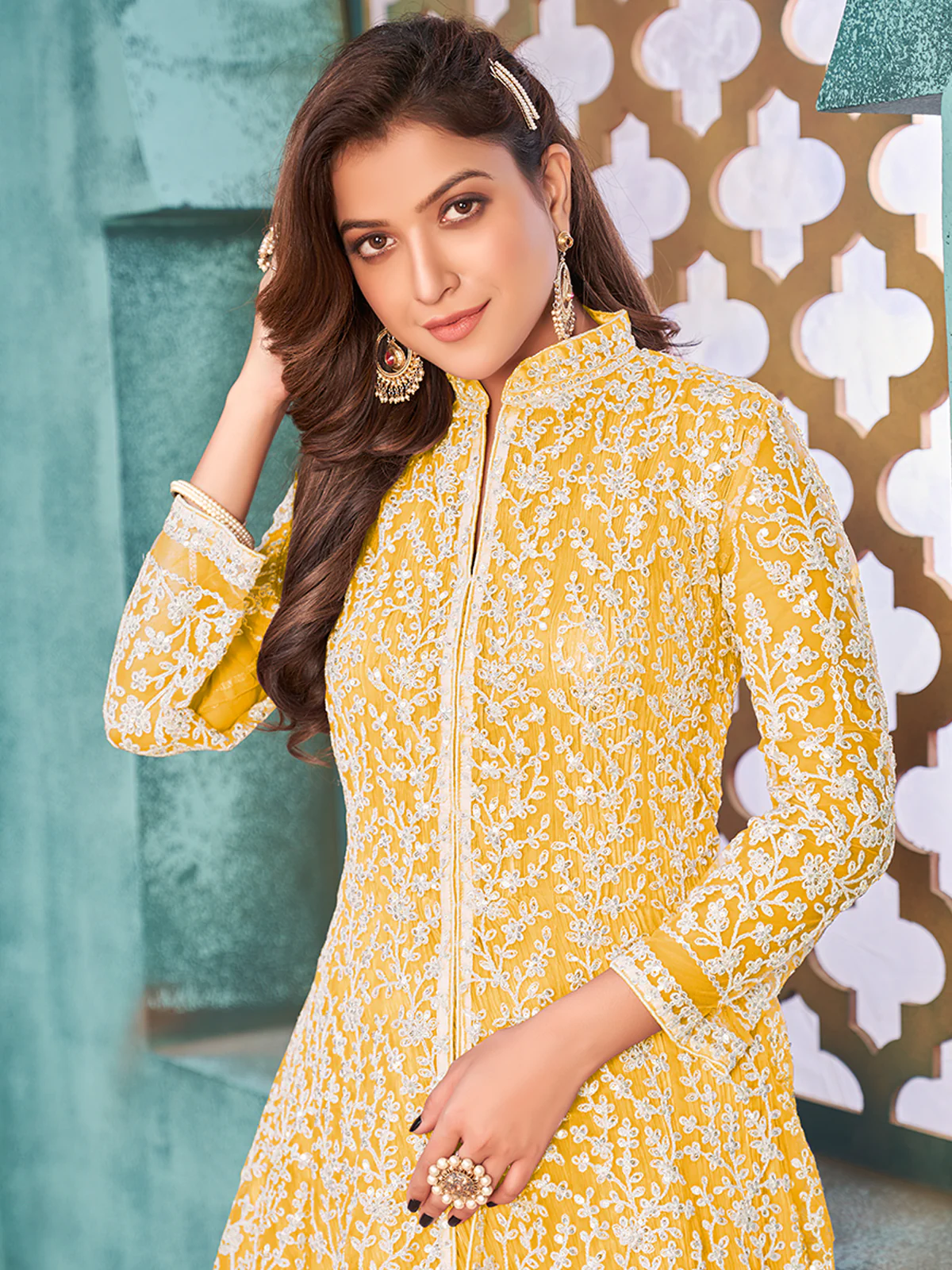Odette Yellow Net  Embroidered Semi stitched Kurta Set with Inner For Women - Image 4