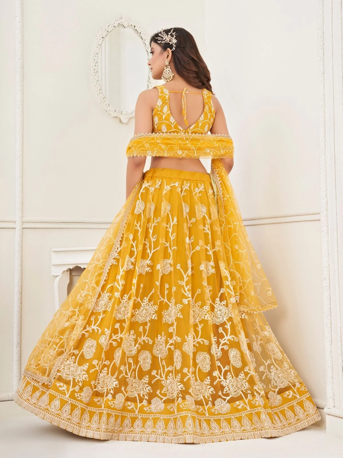 Odette Yellow Net Embroidered Semi Stitched Lehenga For Women - Image 3