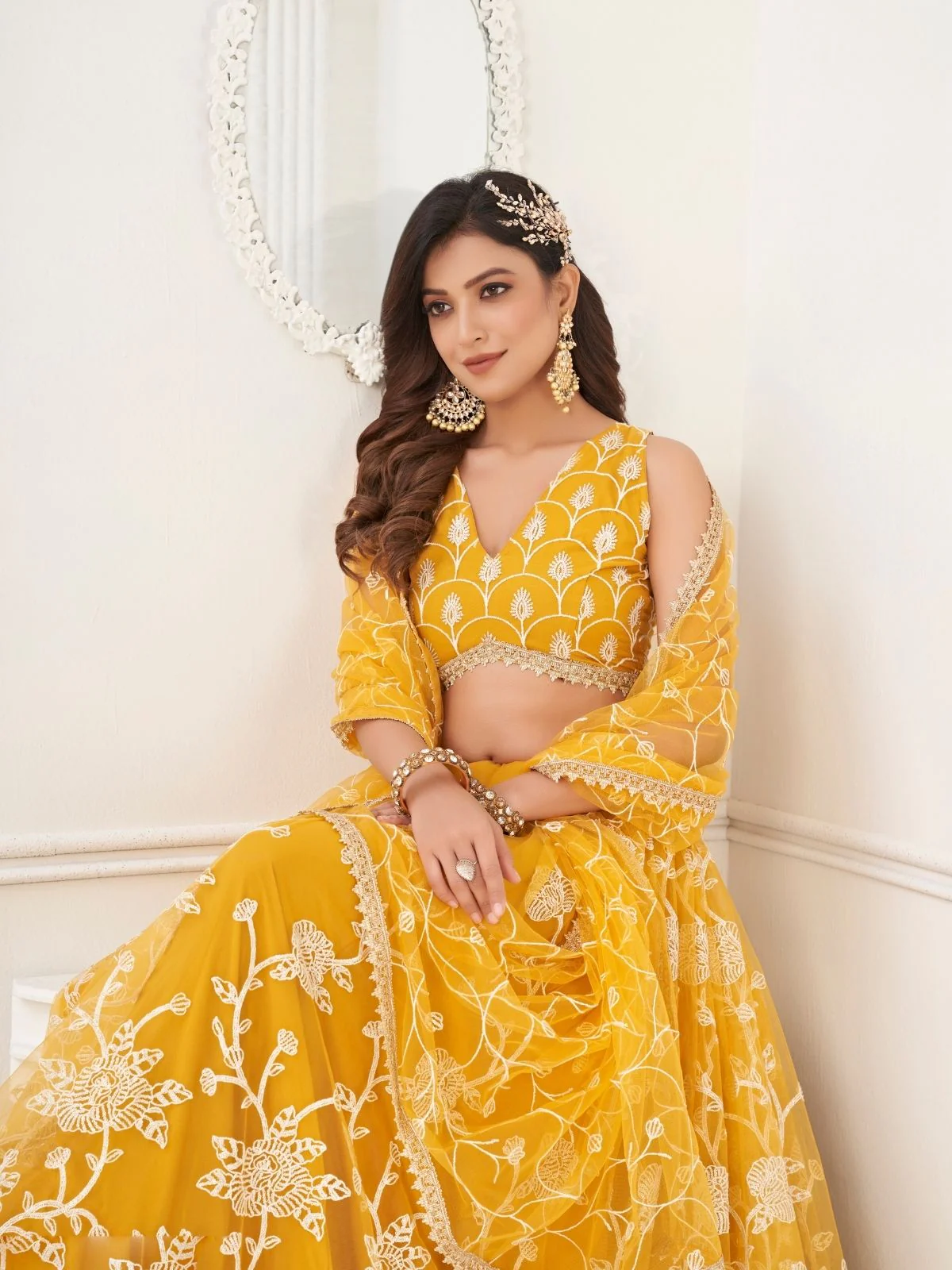 Odette Yellow Net Embroidered Semi Stitched Lehenga For Women - Image 4