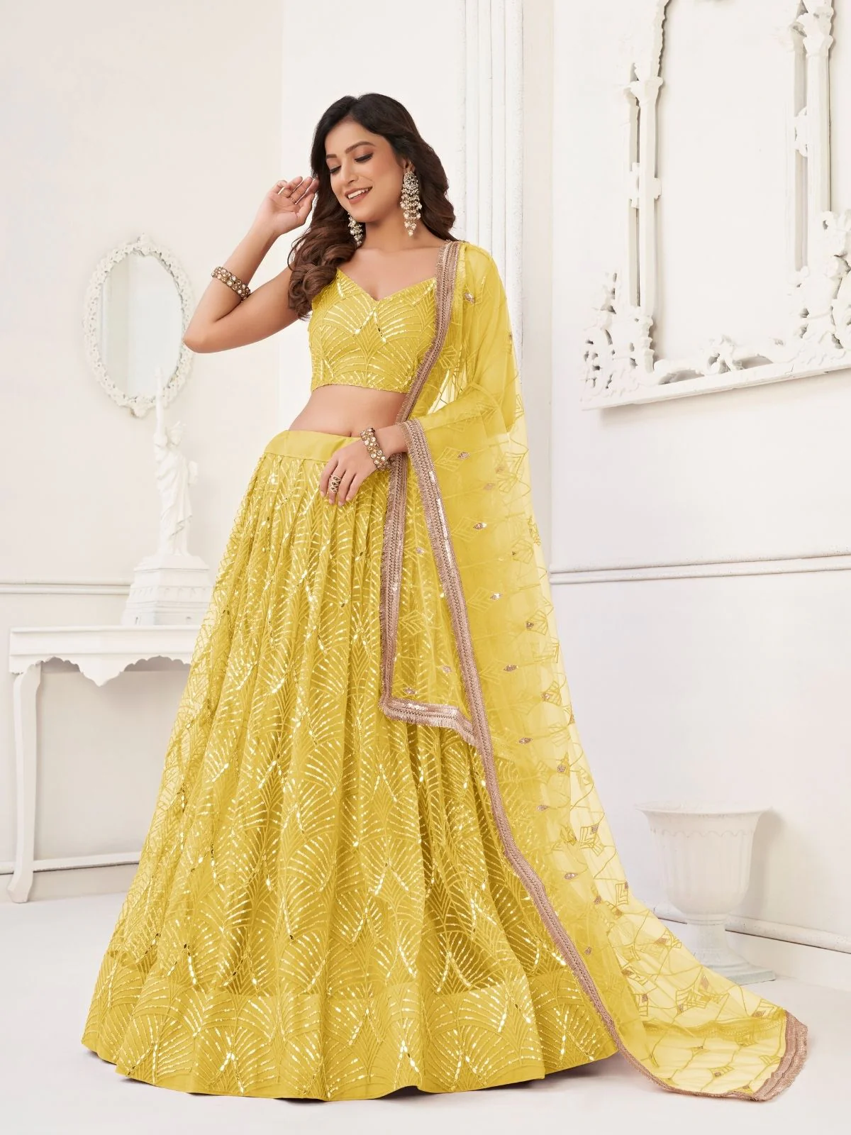 Odette Yellow Net Embroidered Semi Stitched Lehenga For Women - Image 2