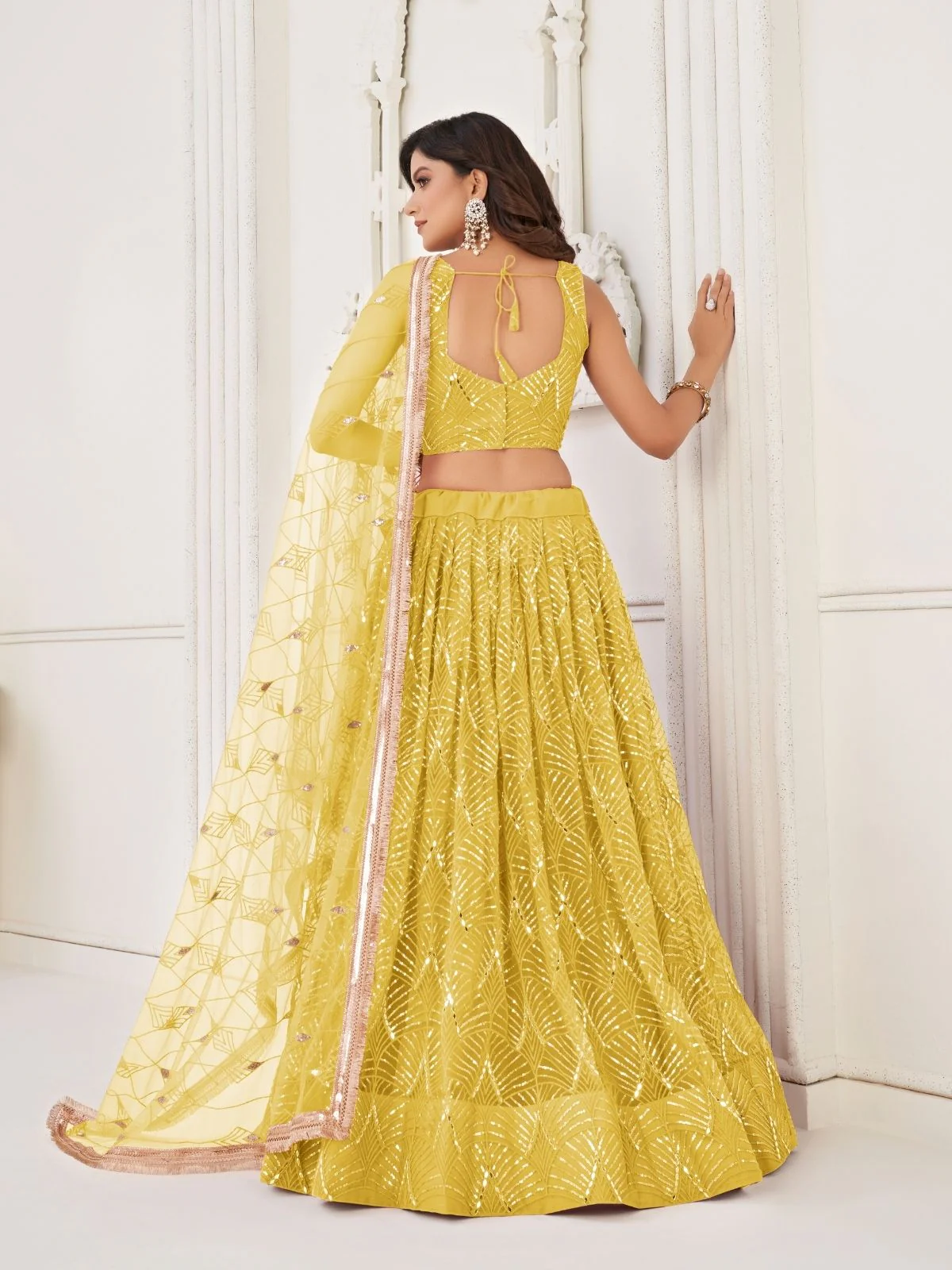 Odette Yellow Net Embroidered Semi Stitched Lehenga For Women - Image 3