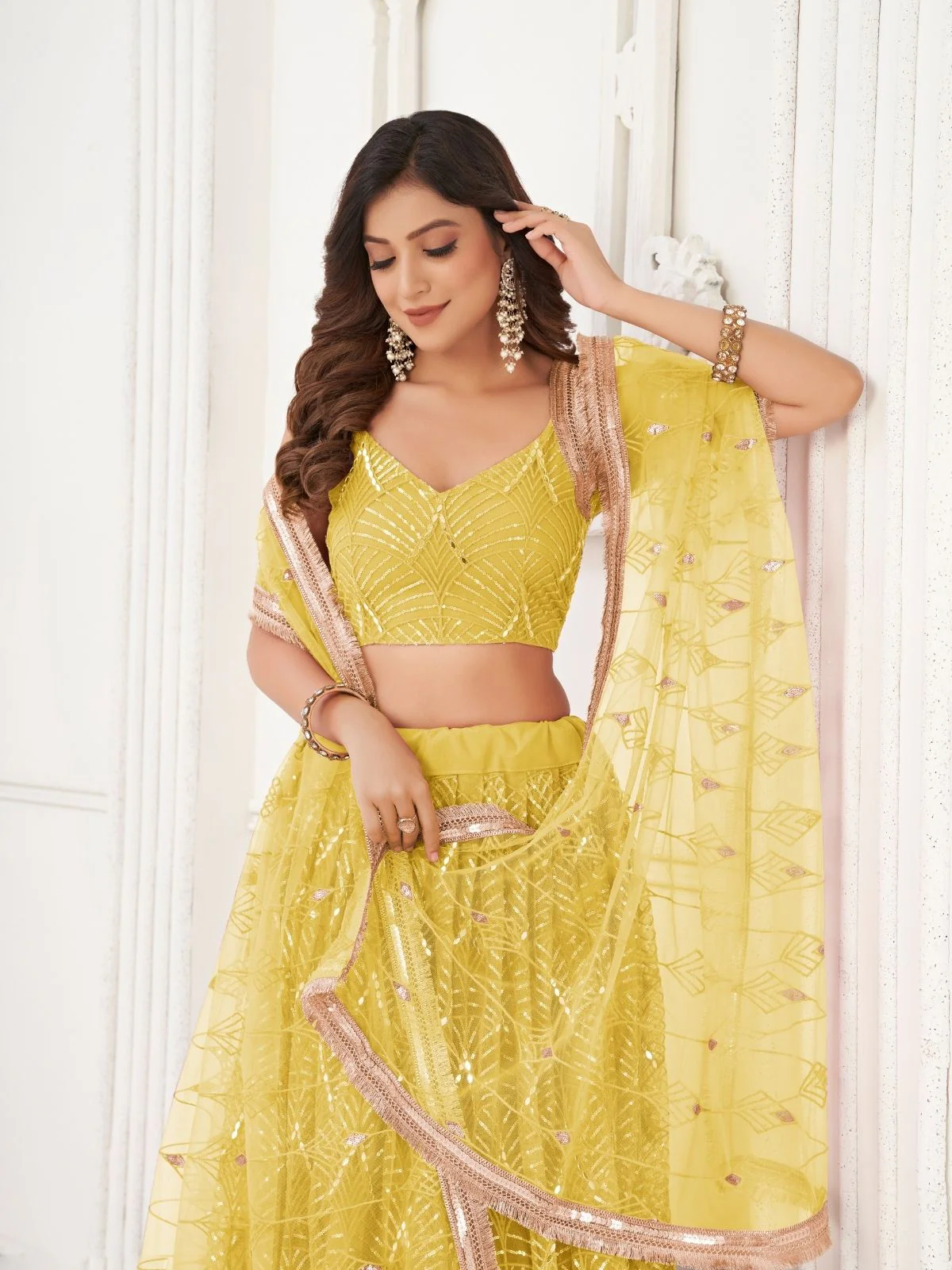 Odette Yellow Net Embroidered Semi Stitched Lehenga For Women - Image 4