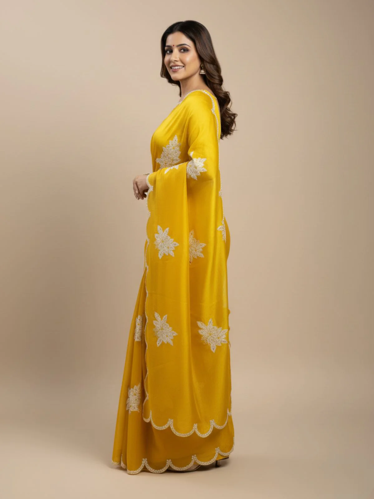 Odette Yellow Organza Embroidered And Cutwork Solid Saree For Women - Image 2