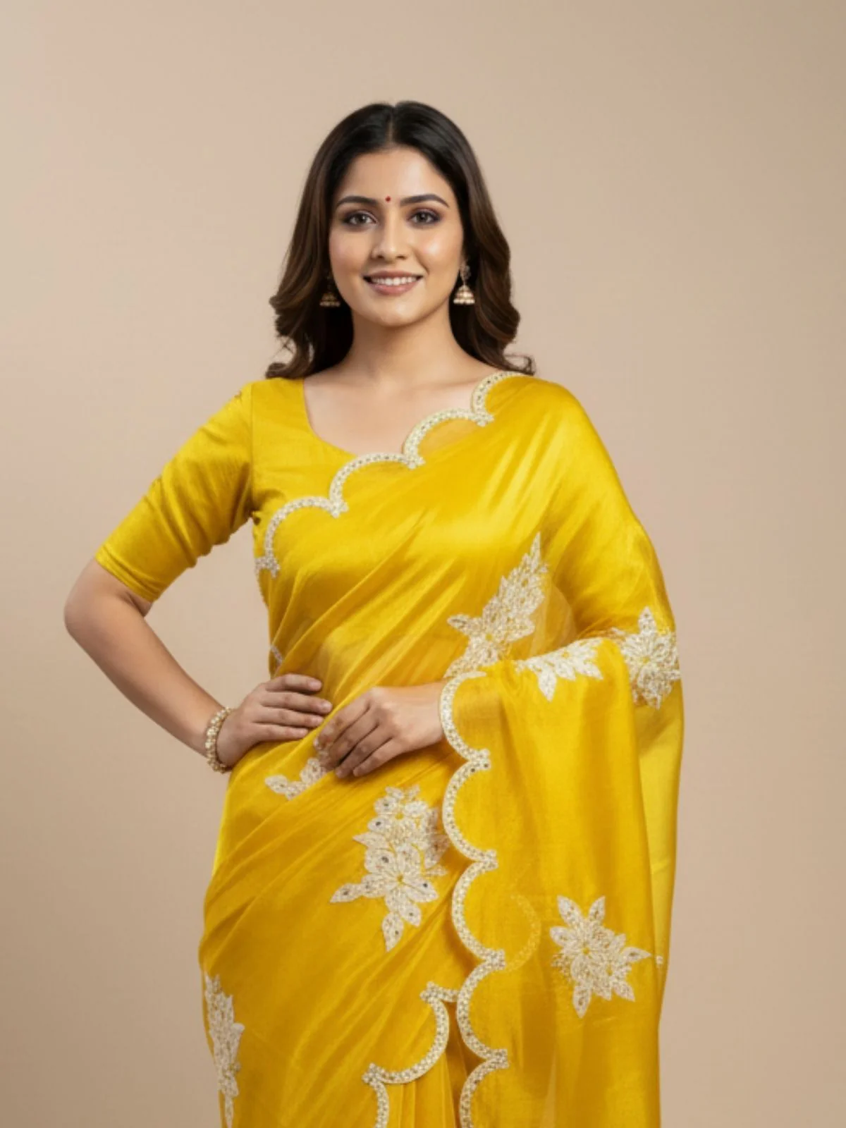 Odette Yellow Organza Embroidered And Cutwork Solid Saree For Women - Image 3