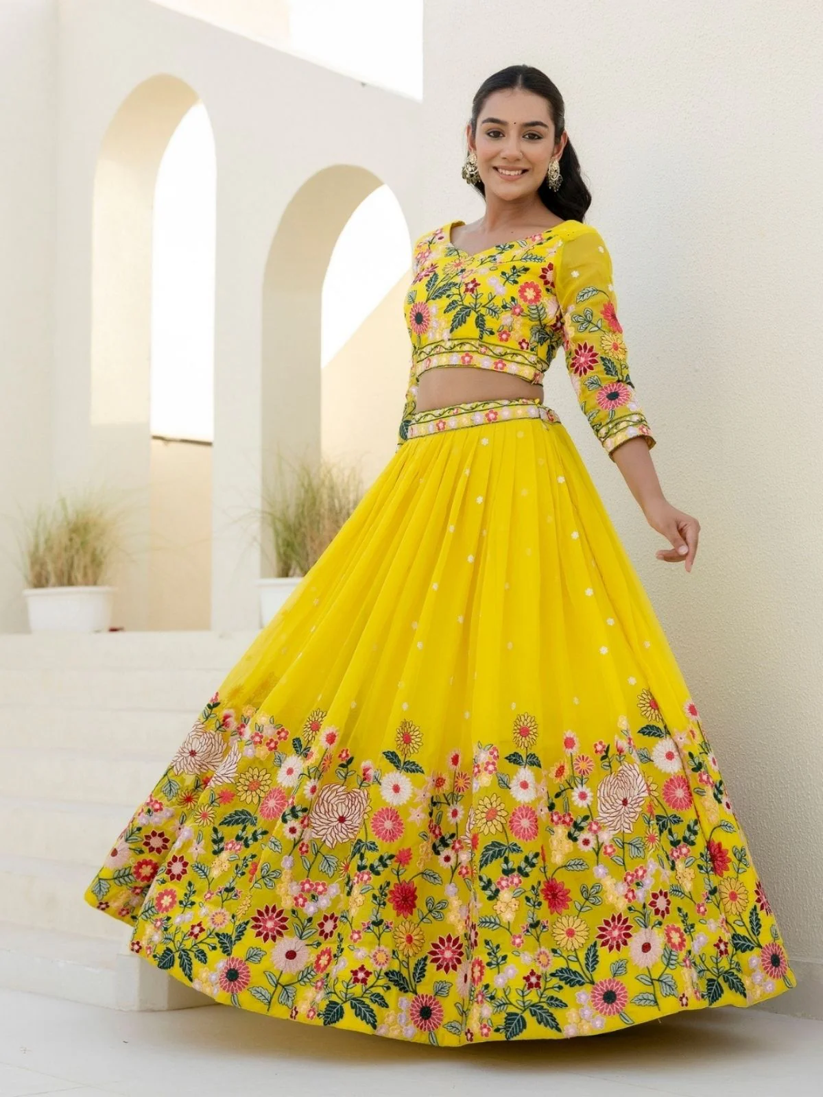 Odette Yellow Organza Embroidered Lehenga For Women - Image 2