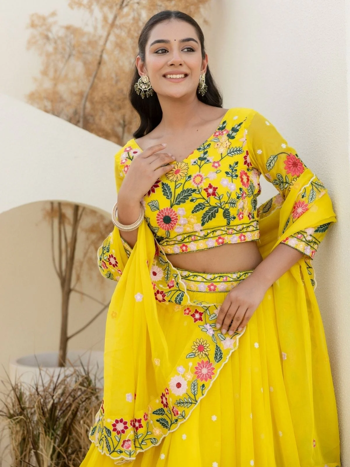 Odette Yellow Organza Embroidered Lehenga For Women - Image 4