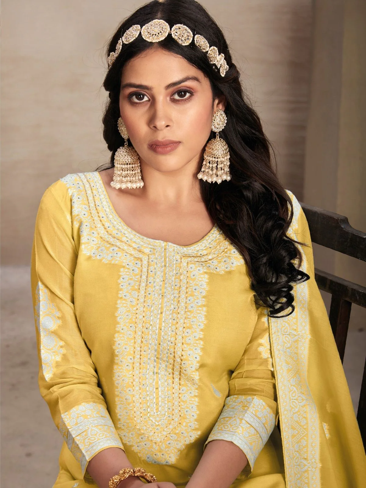 Odette Yellow Organza Embroidered Semi-Stitched Kurta Set For Women - Image 2