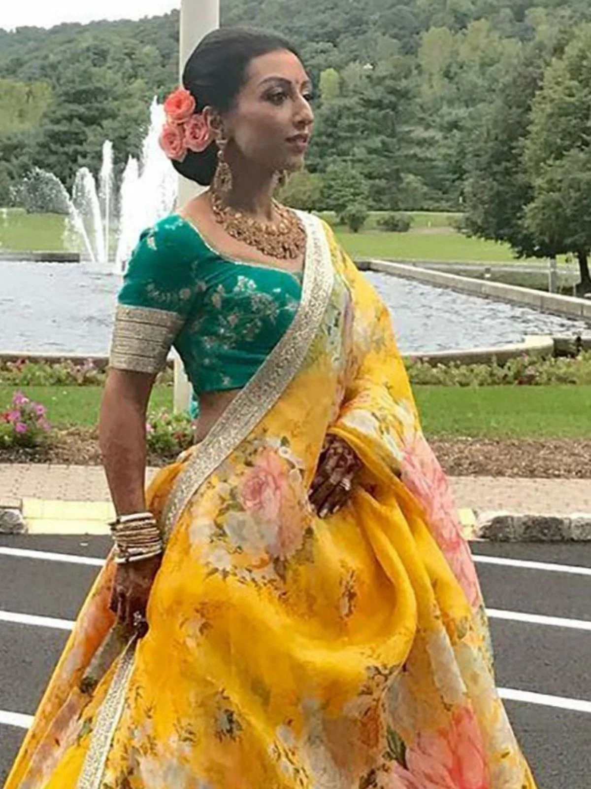 Odette Yellow Organza Printed Semi-Stitched lehenga For Women - Image 4