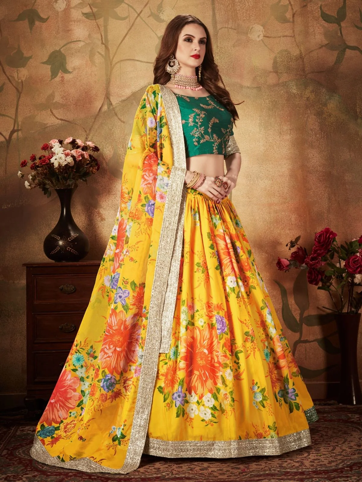 Odette Yellow Organza Printed Semi Stitched Lehenga With Unstitched Blouse For Women - Image 3