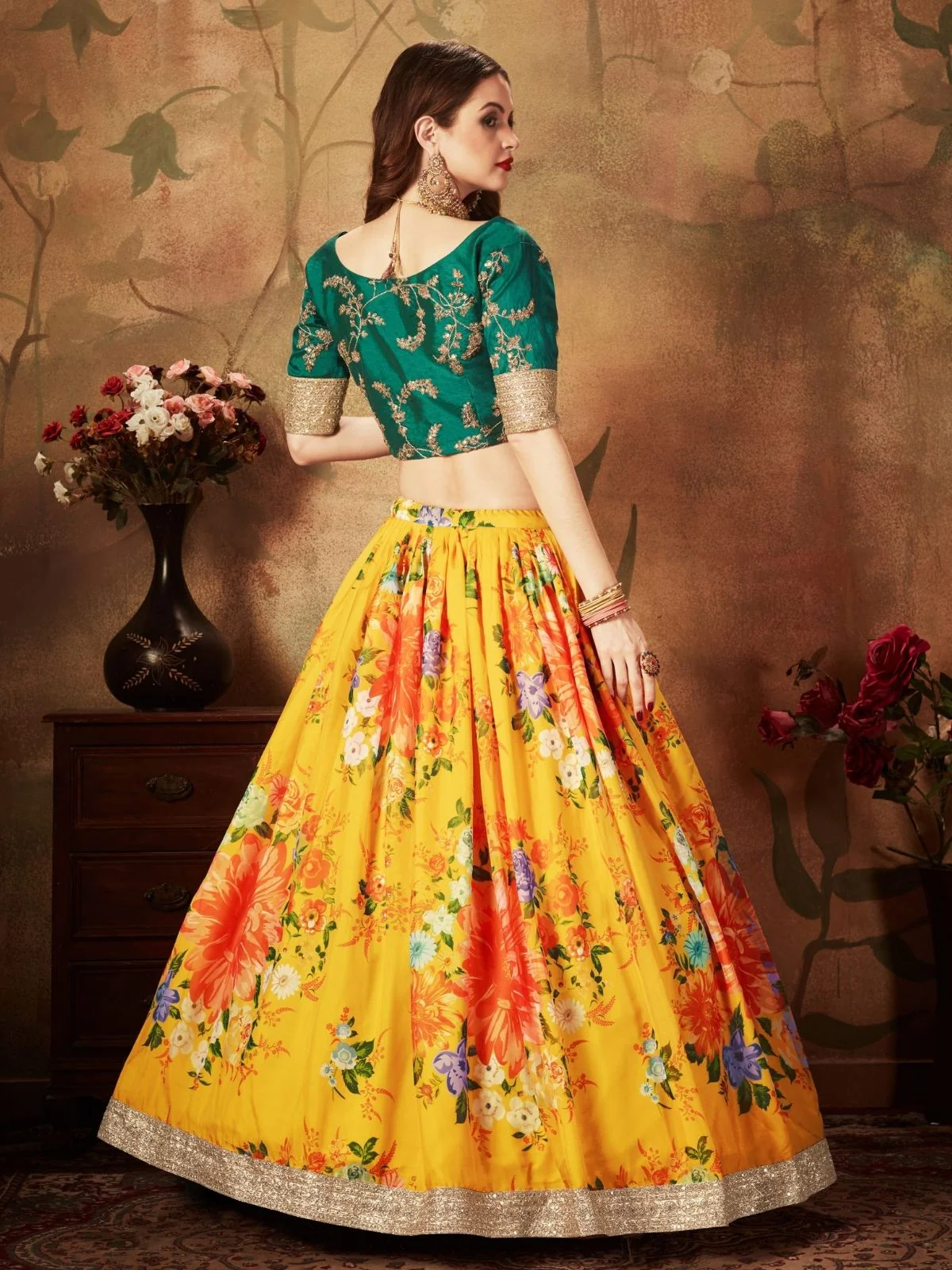 Odette Yellow Organza Printed Semi Stitched Lehenga With Unstitched Blouse For Women - Image 4