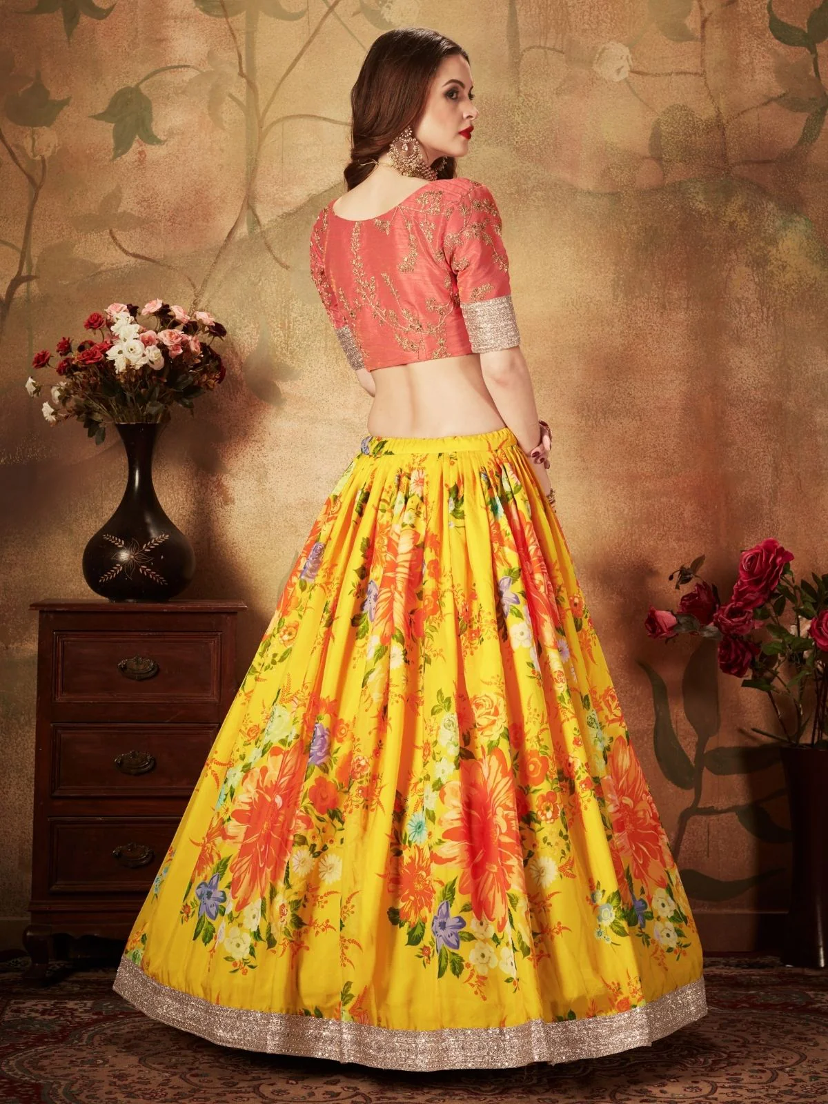 Odette Yellow Organza Printed Semi Stitched Lehenga With Unstitched Blouse For Women - Image 4