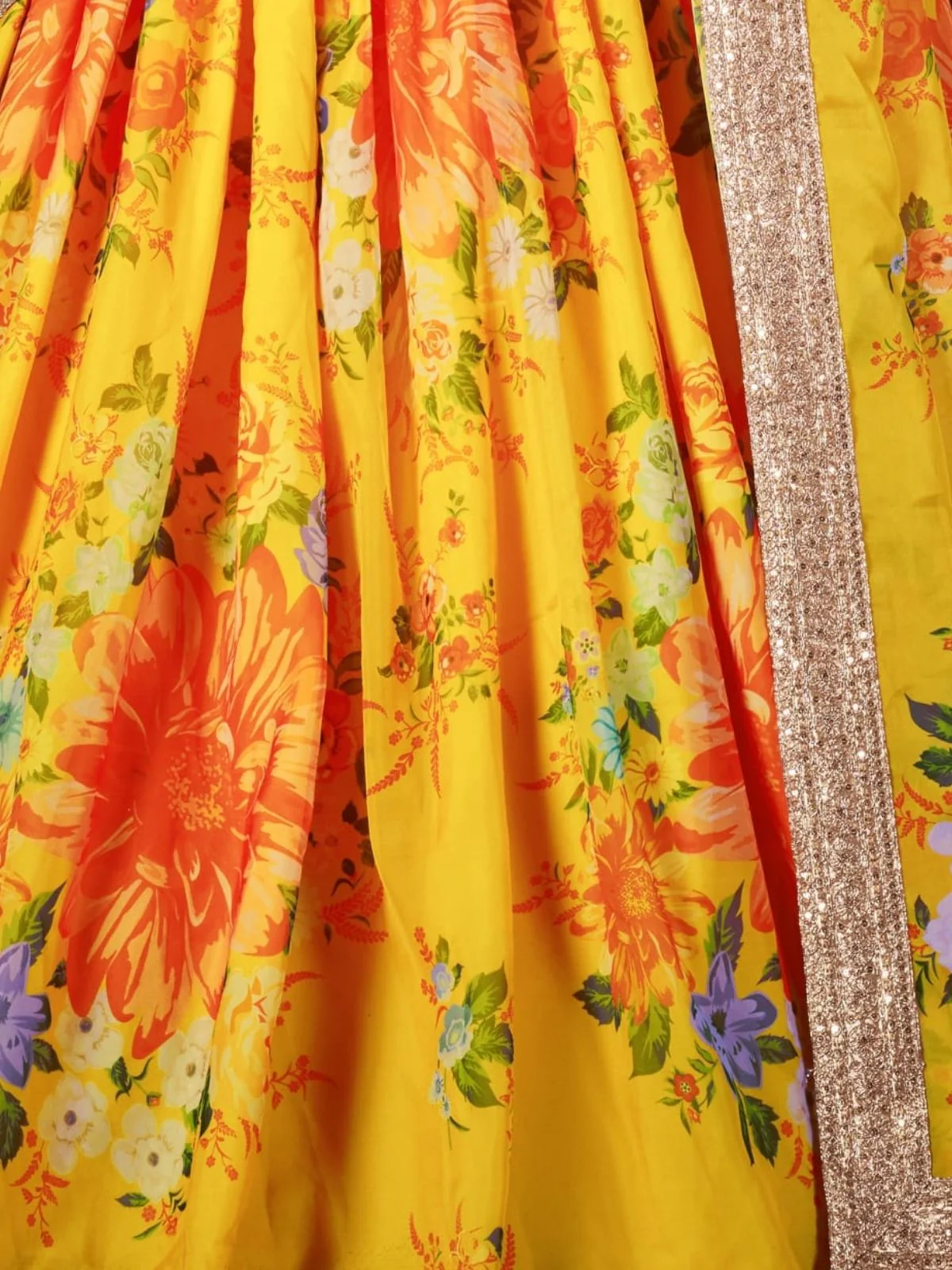 Odette Yellow Organza Printed Semi Stitched Lehenga With Unstitched Blouse For Women - Image 6