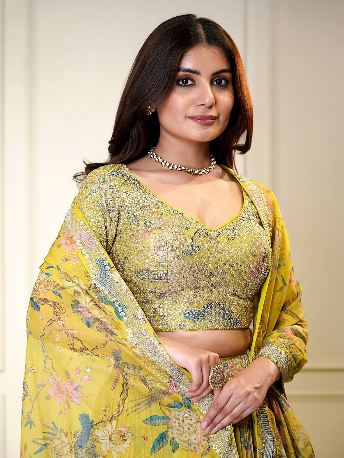 Odette Yellow Organza Printed Stitched Lehenga For Women - Image 4