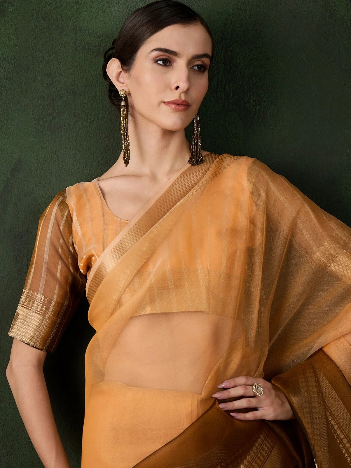 Odette Yellow Organza Woven Saree With Unstitched Blouse For Women - Image 3