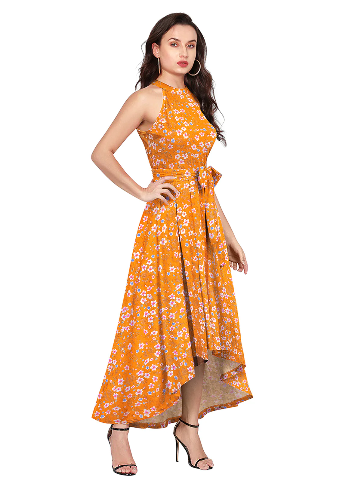 Odette Yellow Polyester Asymmetric A-line Printed Dress For Women - Image 2