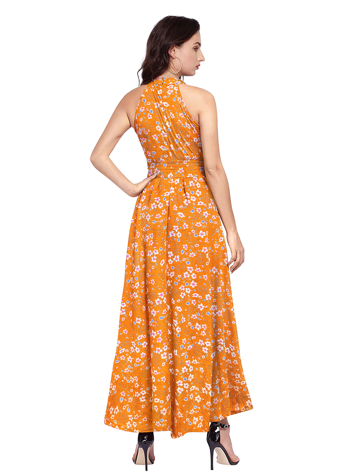 Odette Yellow Polyester Asymmetric A-line Printed Dress For Women - Image 4