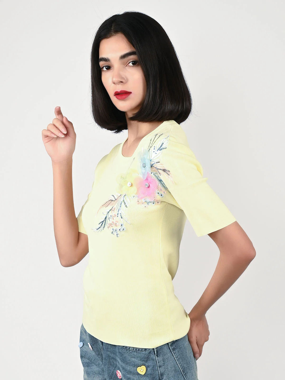 Odette Yellow Polyester Lycra Embellished Top For Women - Image 2