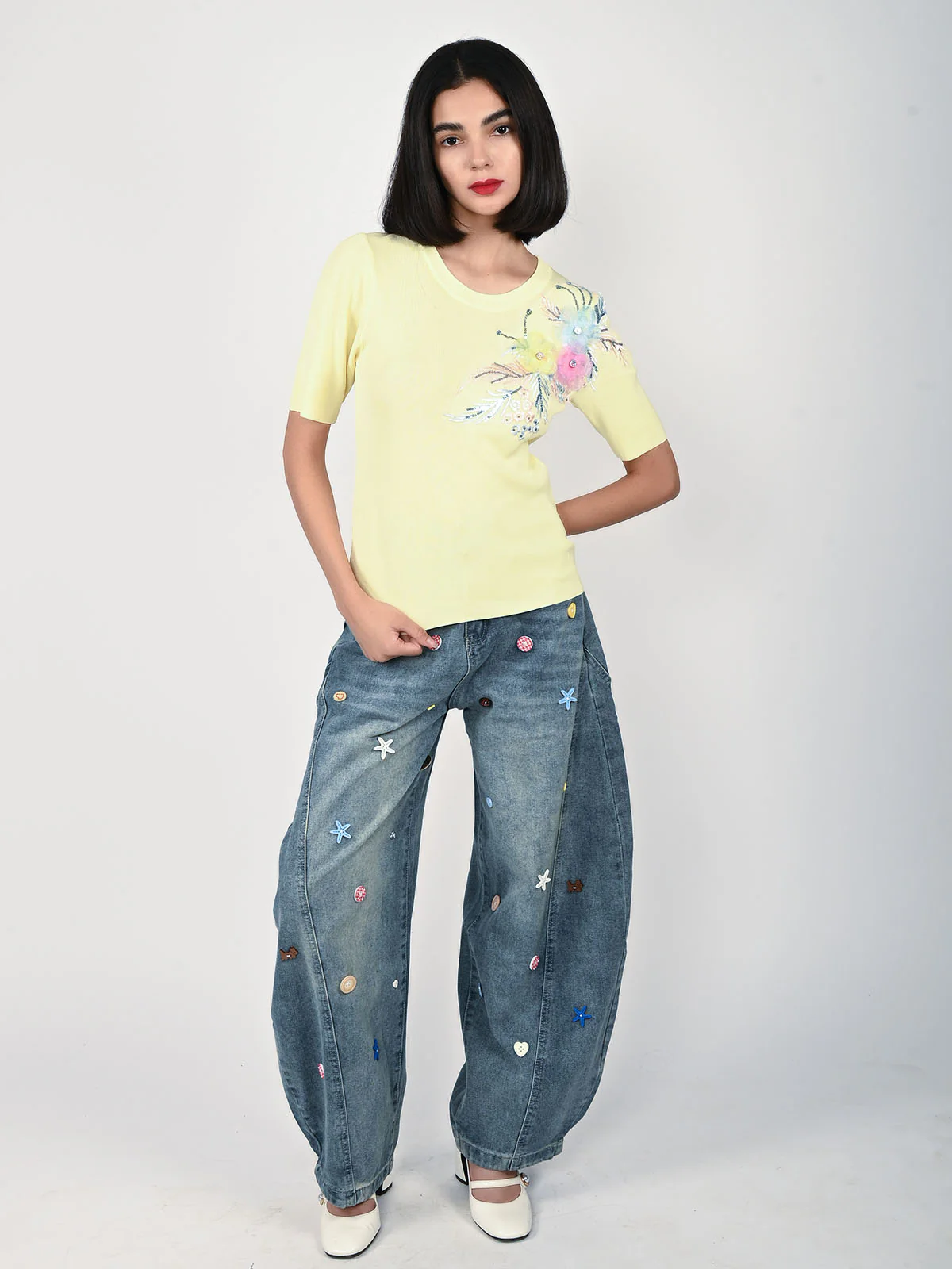 Odette Yellow Polyester Lycra Embellished Top For Women - Image 5