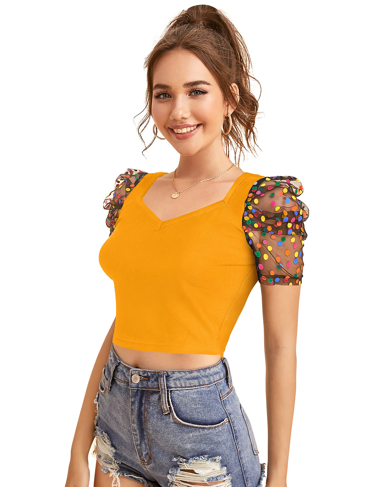 Odette Yellow Polyester Solid Top For Women - Image 3