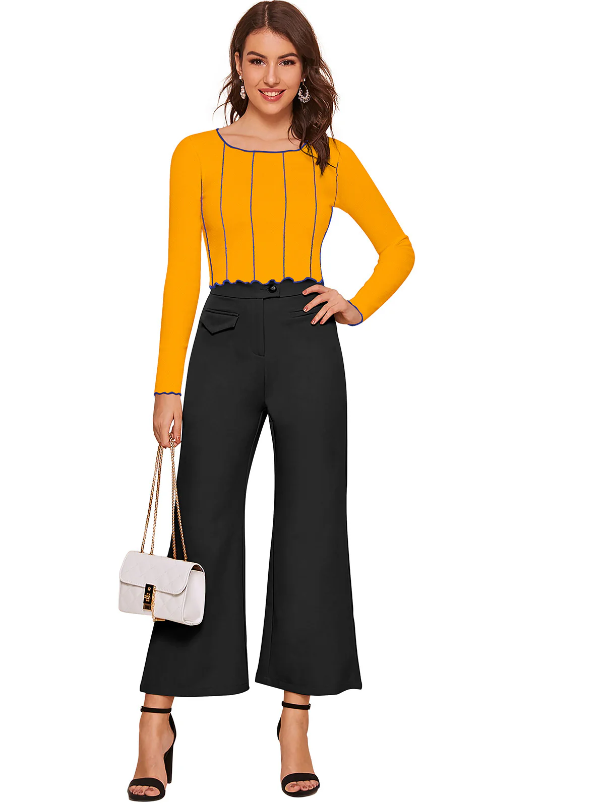 Odette Yellow Polyester Striped Top For Women - Image 5