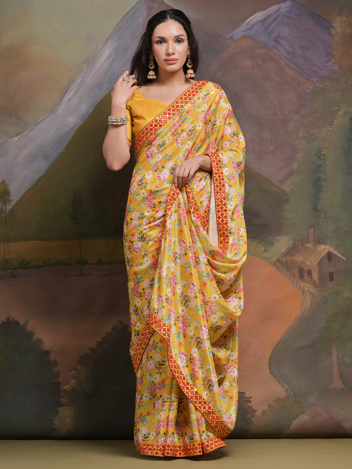Odette Yellow Printed Chiffon Saree With Unstitched Blouse For Women - Image 2