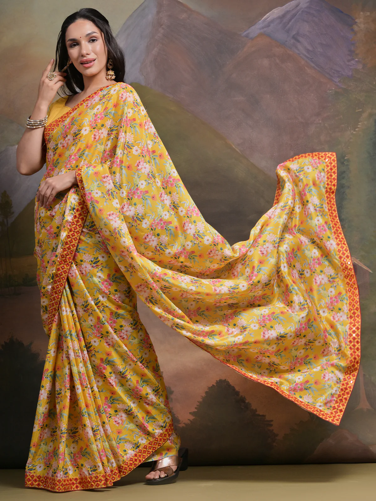 Odette Yellow Printed Chiffon Saree With Unstitched Blouse For Women - Image 3