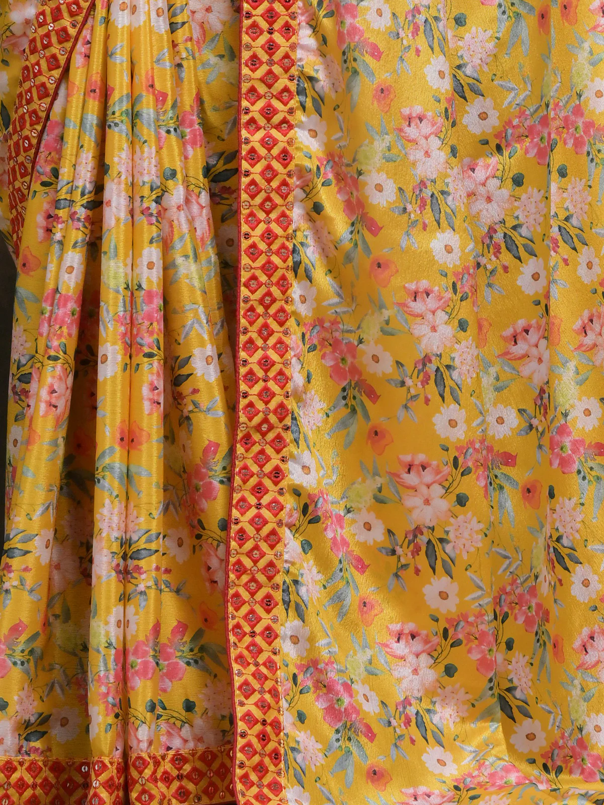 Odette Yellow Printed Chiffon Saree With Unstitched Blouse For Women - Image 8