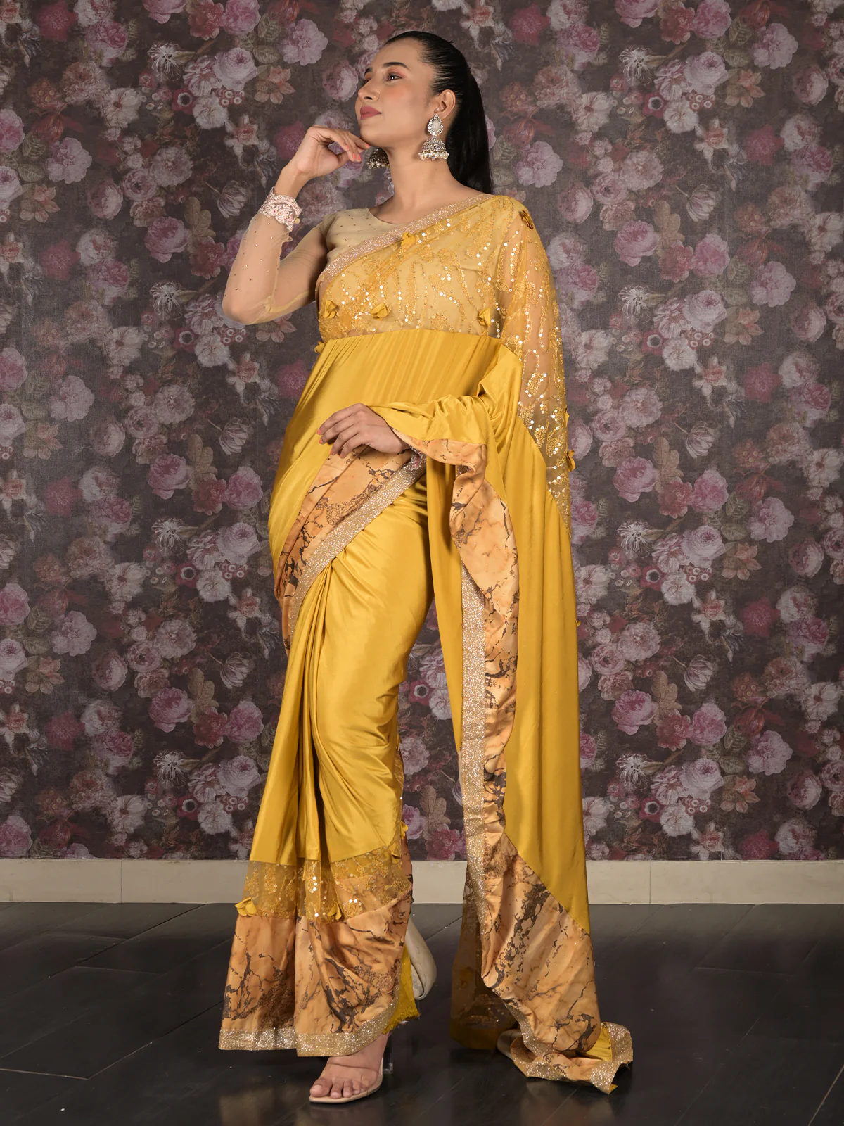 Odette Yellow Printed Embroidered Lycra Saree with Unstitched Blouse for Women - Image 3