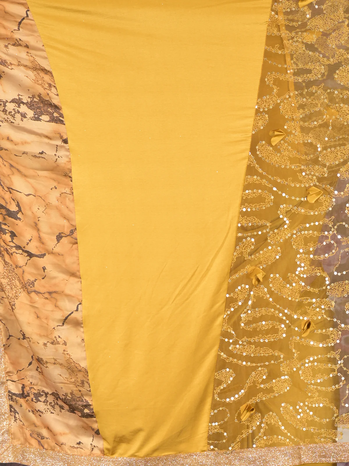Odette Yellow Printed Embroidered Lycra Saree with Unstitched Blouse for Women - Image 5