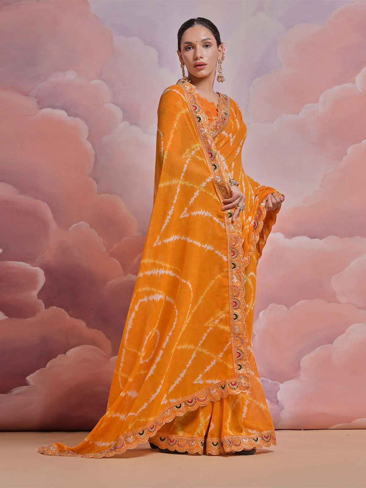Odette Orange Printed Georgette Saree With Unstitched Blouse For Women - Image 3