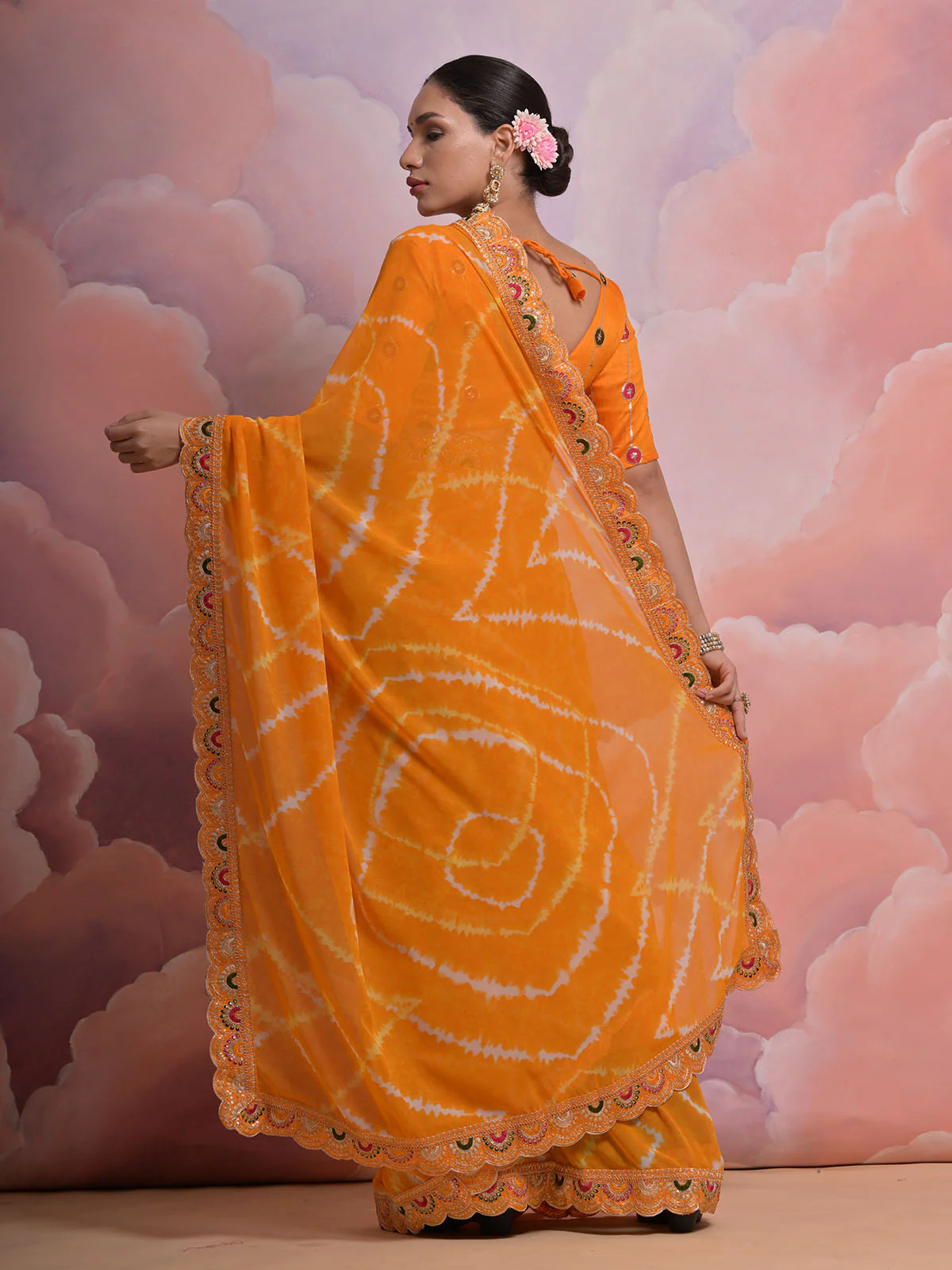 Odette Orange Printed Georgette Saree With Unstitched Blouse For Women - Image 4