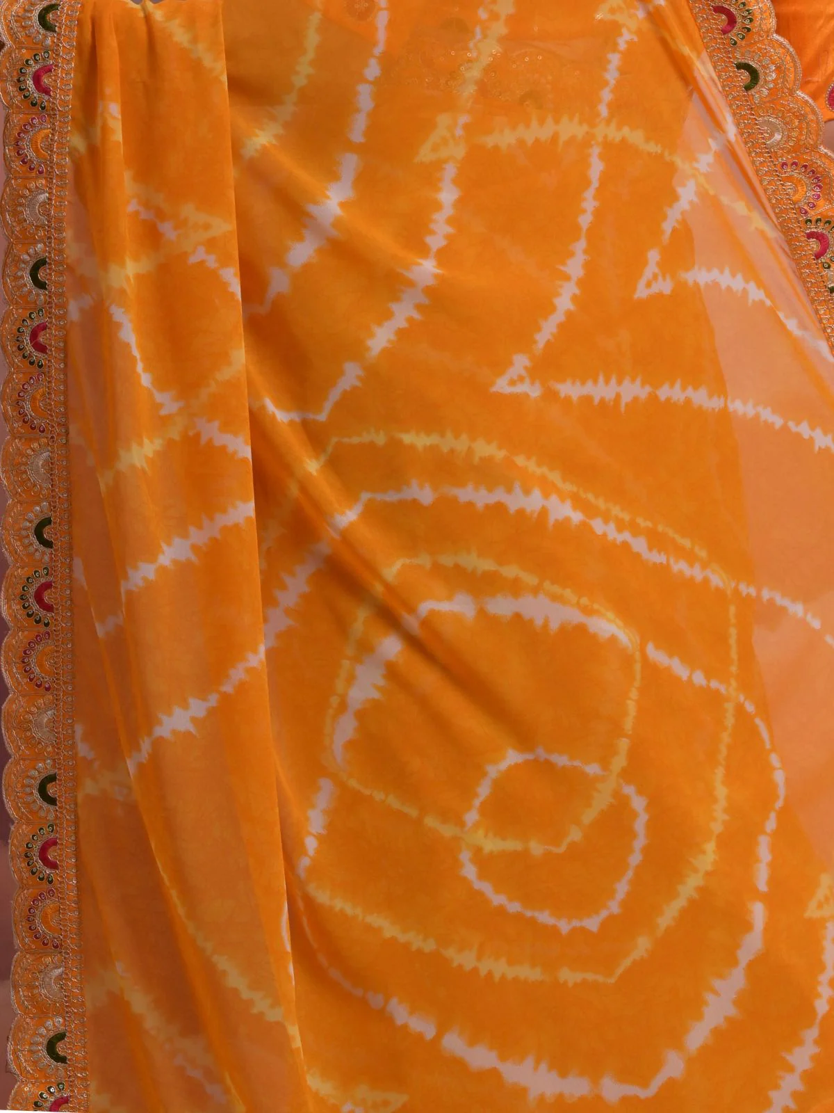 Odette Orange Printed Georgette Saree With Unstitched Blouse For Women - Image 6