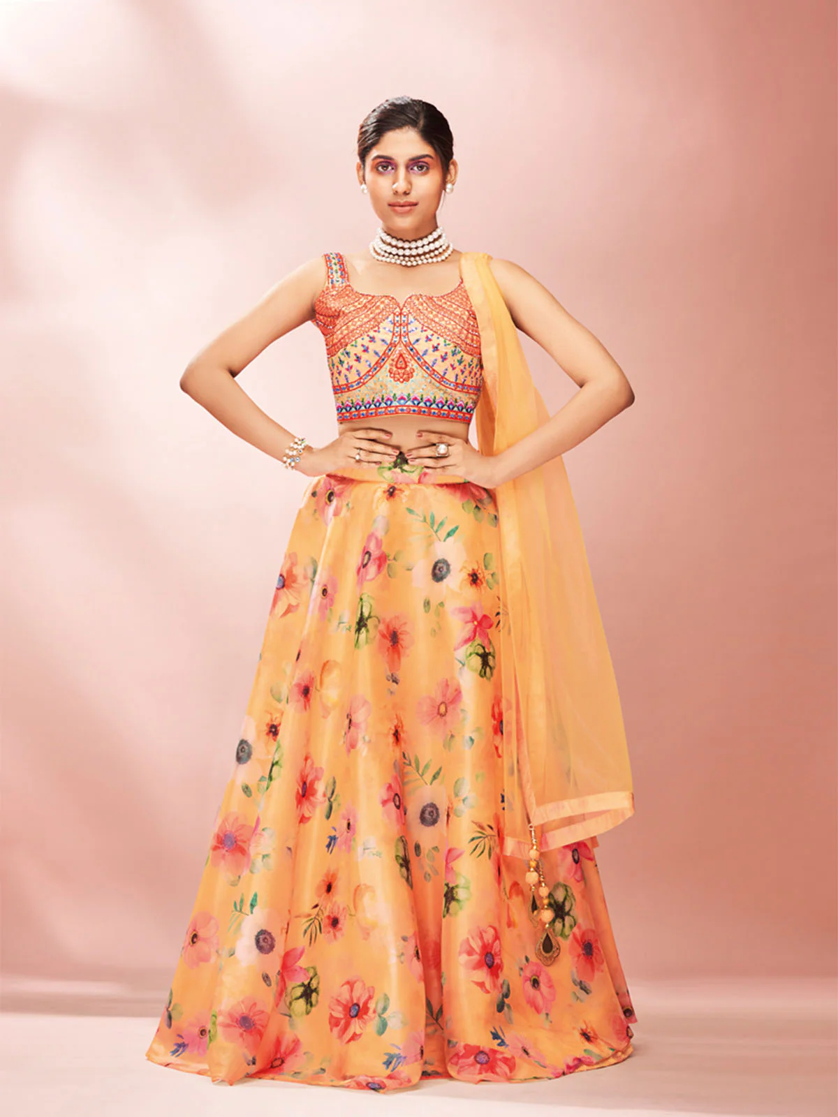 Odette Yellow Printed Organza Stitched Lehenga With Blouse For Women - Image 2