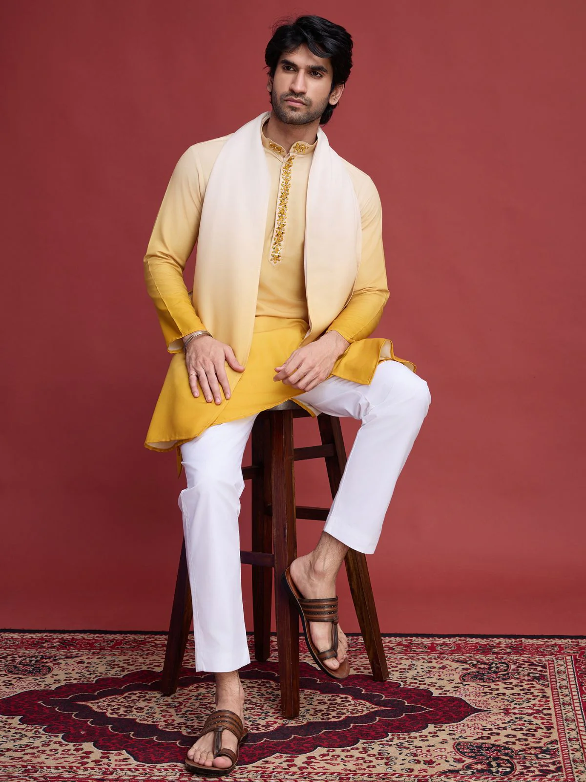 Odette Yellow Rayon Mirror Work Stitched Kurta With Dupatta For Men - Image 5