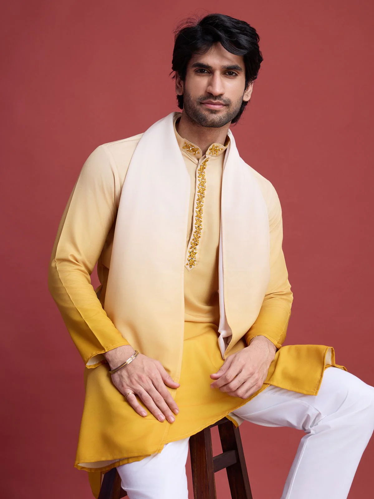 Odette Yellow Rayon Mirror Work Stitched Kurta With Dupatta For Men - Image 6
