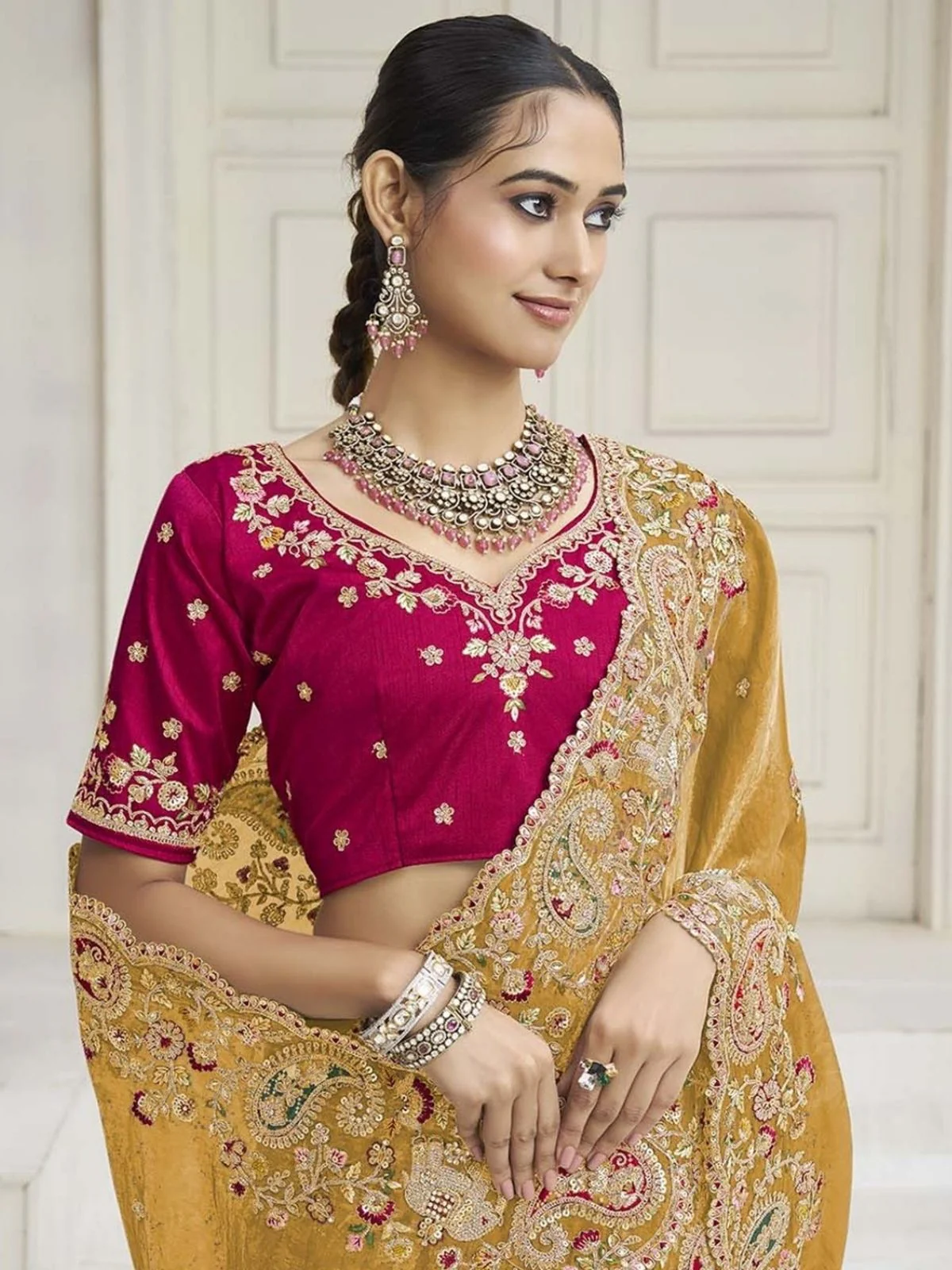 Odette Yellow Satin Embroidered Saree For Women - Image 2