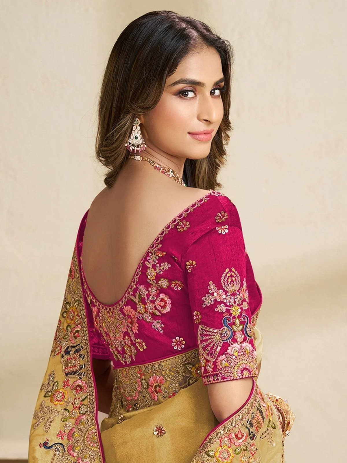 Odette Yellow Satin Embroidered Saree For Women - Image 3