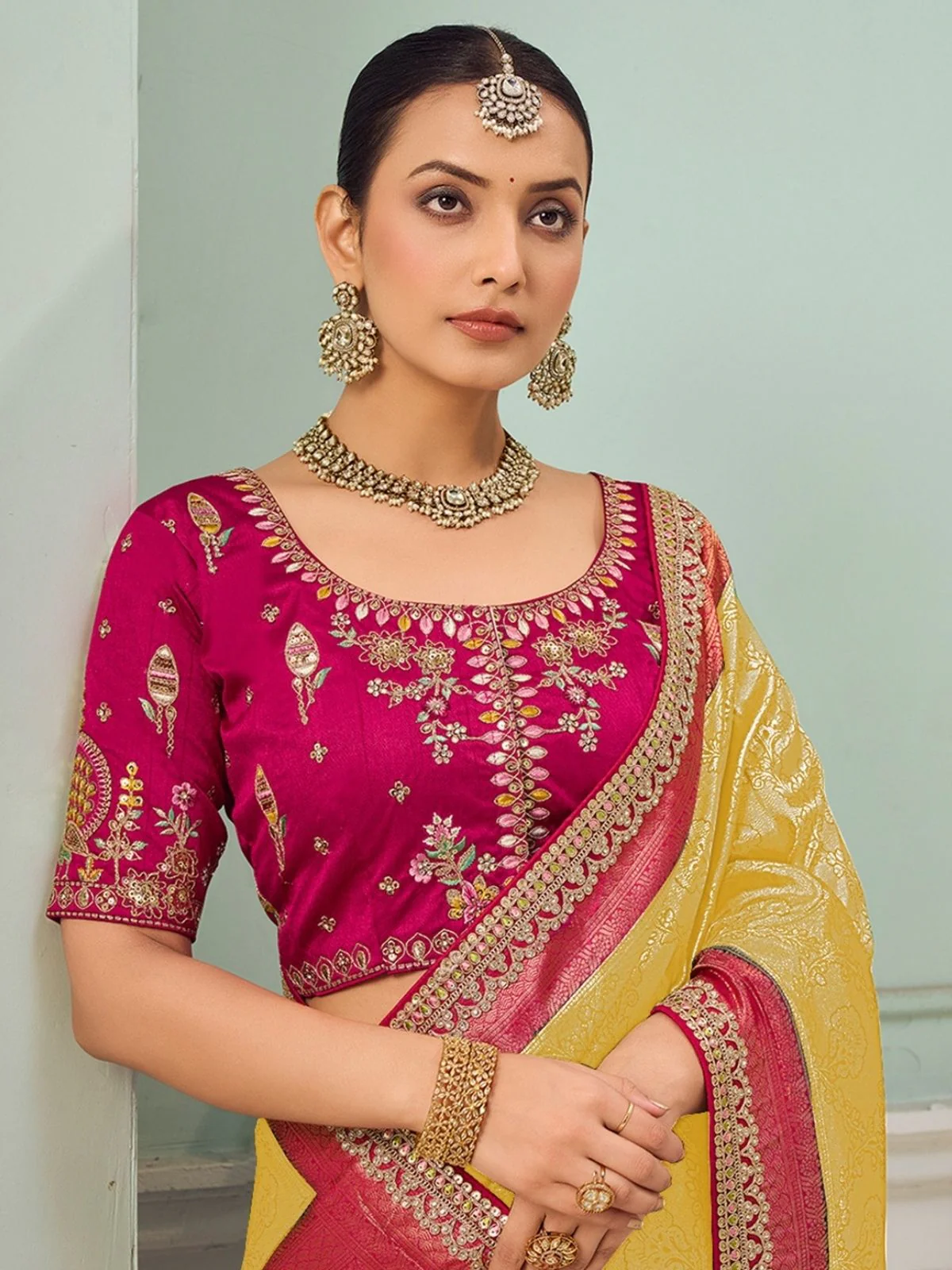 Odette Yellow Satin Embroidered Saree For Women - Image 2