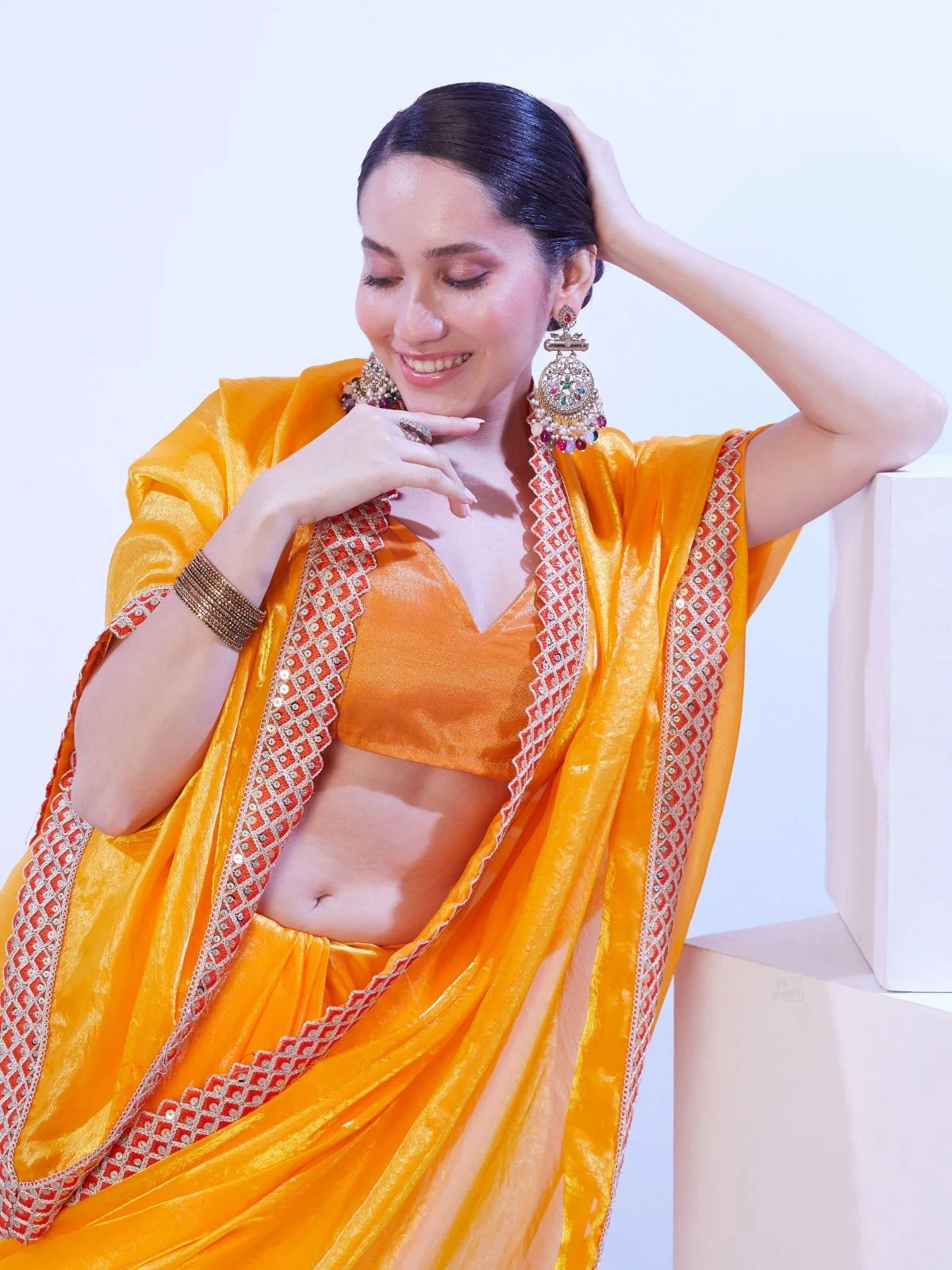 Odette Yellow Satin Lace Work Saree With Unstitched Blouse For Women - Image 4