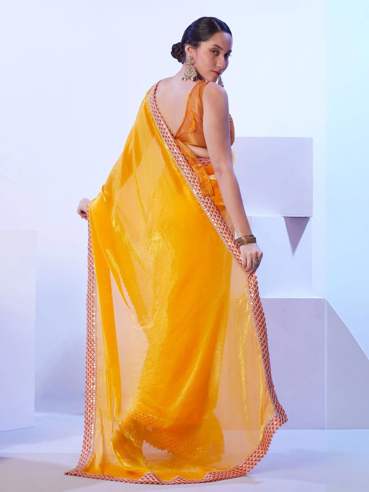 Odette Yellow Satin Lace Work Saree With Unstitched Blouse For Women - Image 5