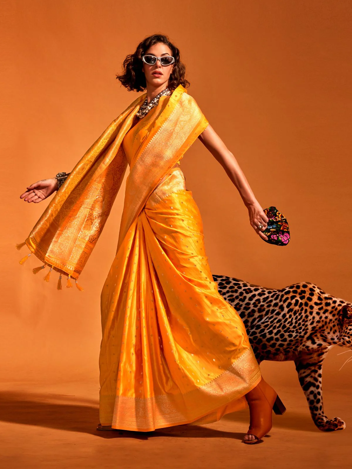 Odette Yellow Satin Woven Saree With Unstitched Blouse For Women - Image 2