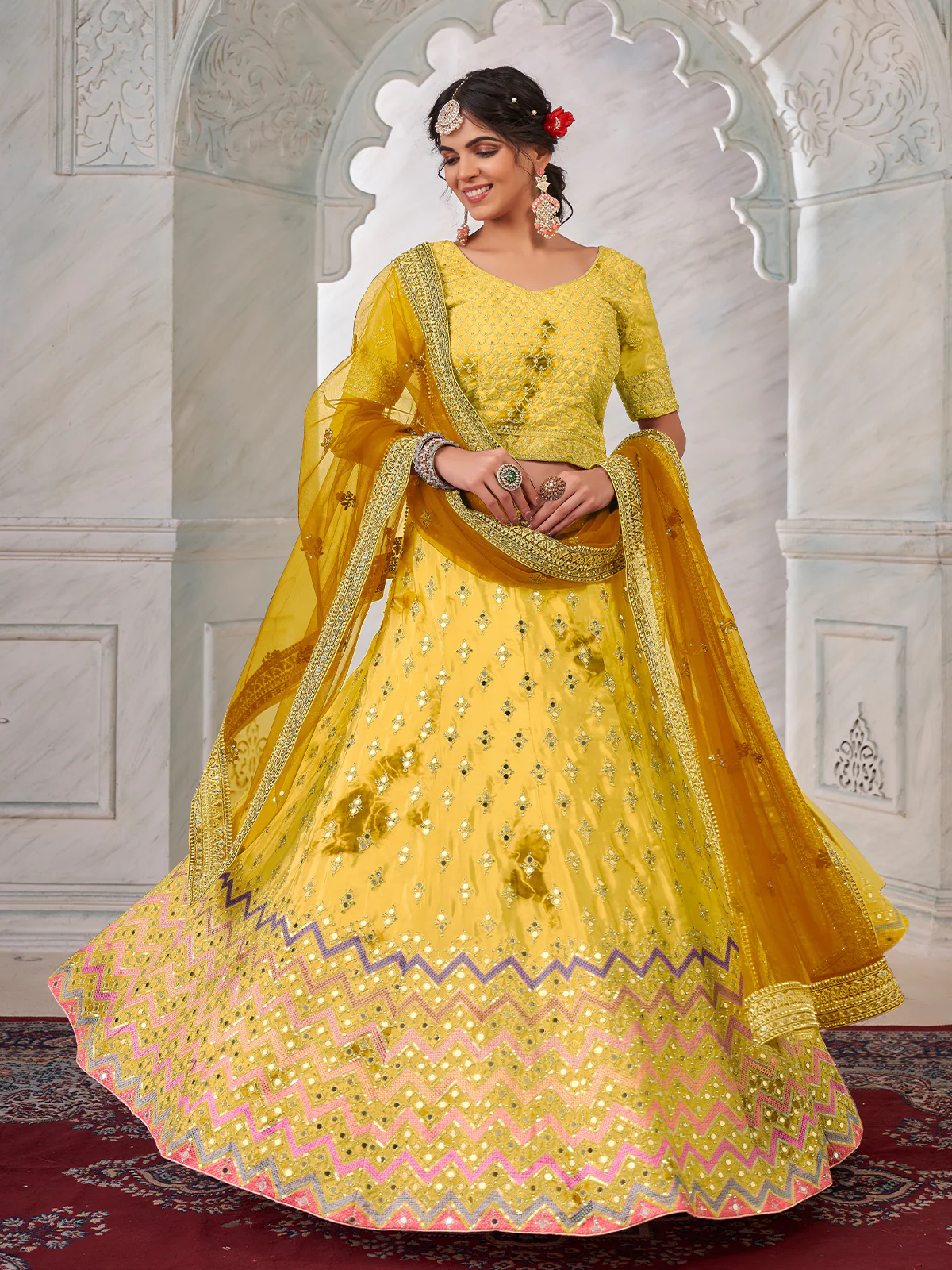 Odette Yellow Shibori Crepe Embroidered Semi Stitched Lehenga With Unstitched Blouse for Women - Image 2