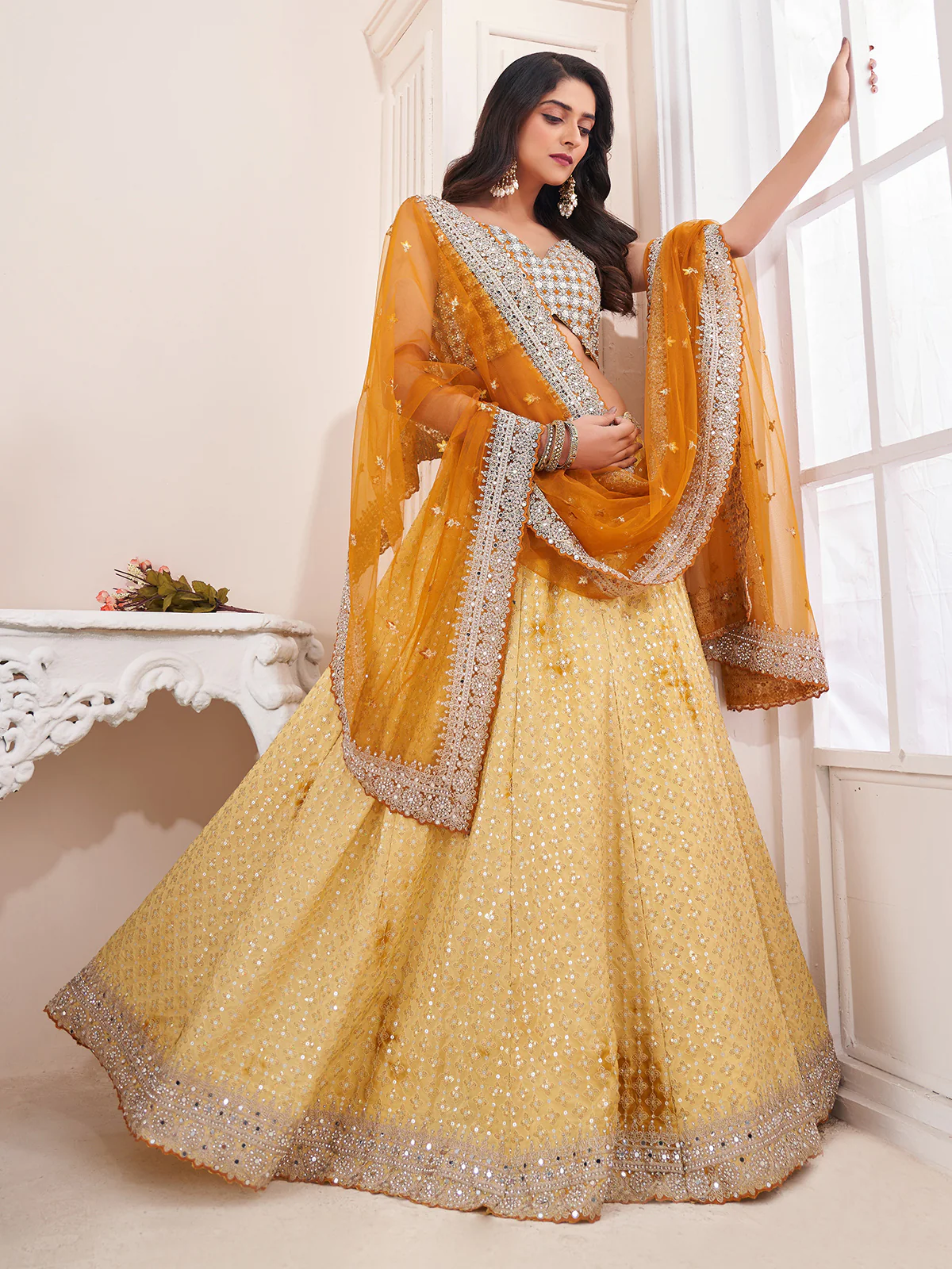 Odette Yellow Shibori Crepe Embroidered Semi Stitched Lehenga With Unstitched Blouse for Women - Image 2