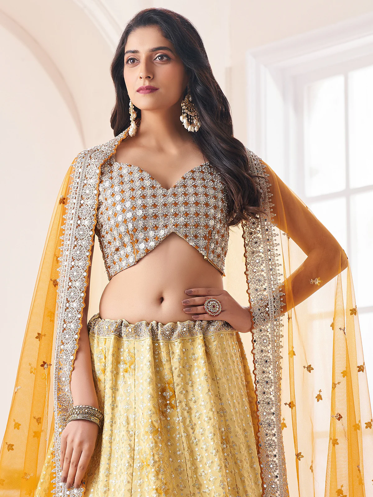 Odette Yellow Shibori Crepe Embroidered Semi Stitched Lehenga With Unstitched Blouse for Women - Image 4