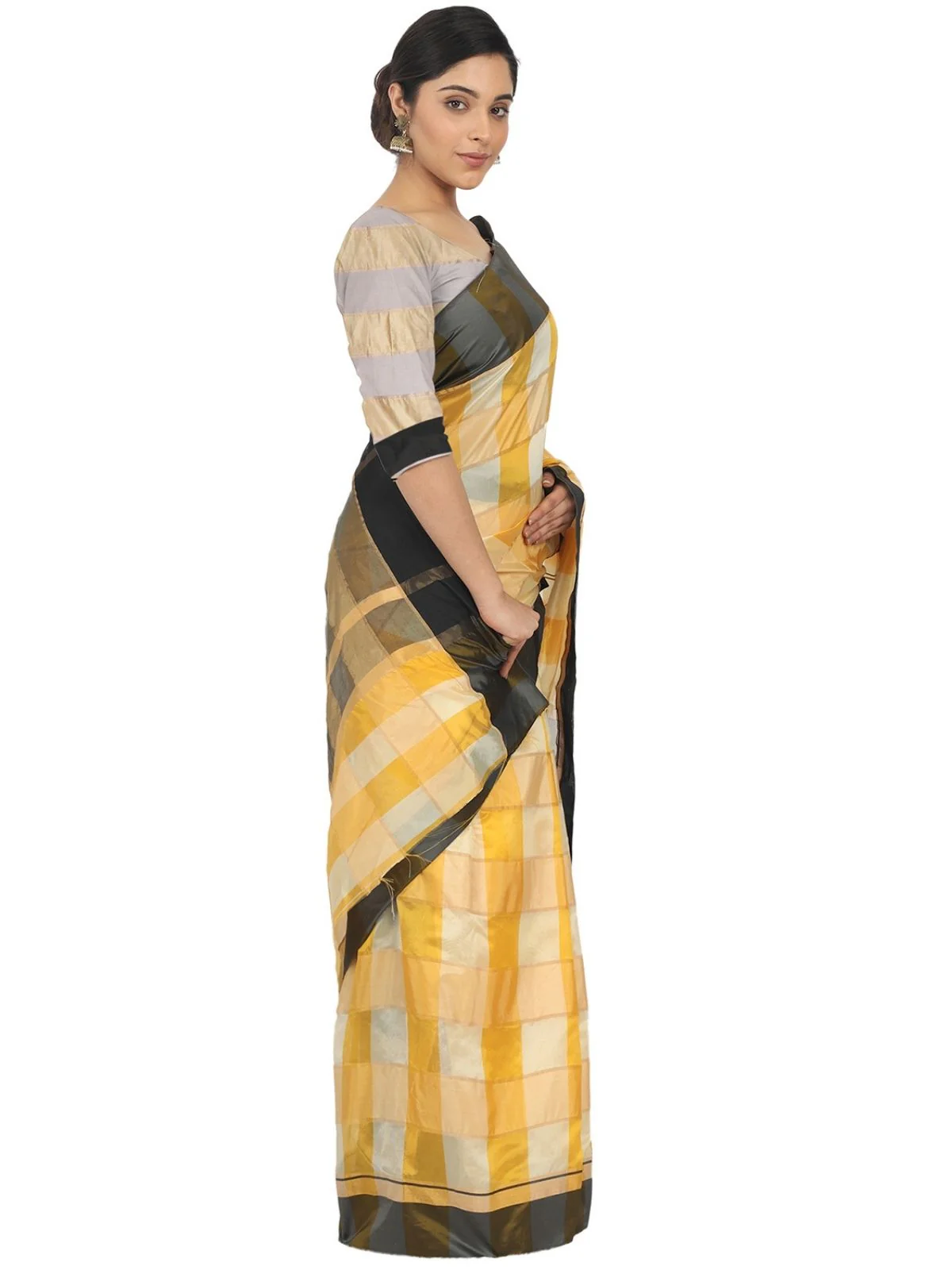 Odette Yellow Silk Blend Checked Saree For Women - Image 2
